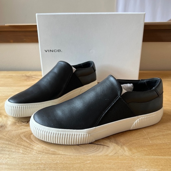 VINCE KNOX BLACK LEATHER SLIP ON SNEAKERS PLATFORM NIB 7.5 MINIMALIST MODERN - Picture 1 of 11